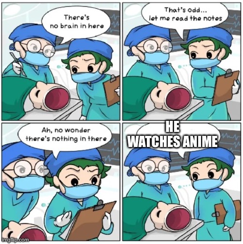 There's no brain here. |  HE WATCHES ANIME | image tagged in there's no brain here | made w/ Imgflip meme maker