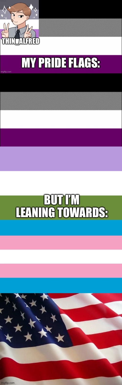 MY PRIDE FLAGS:; BUT I’M LEANING TOWARDS: | image tagged in thin_alfred announcement board,ace flag,transgender flag,american flag,genderqueer flag | made w/ Imgflip meme maker