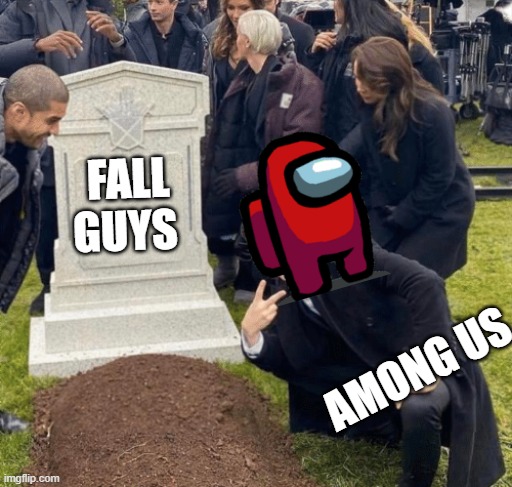 Grant Gustin over grave | FALL GUYS; AMONG US | image tagged in grant gustin over grave | made w/ Imgflip meme maker