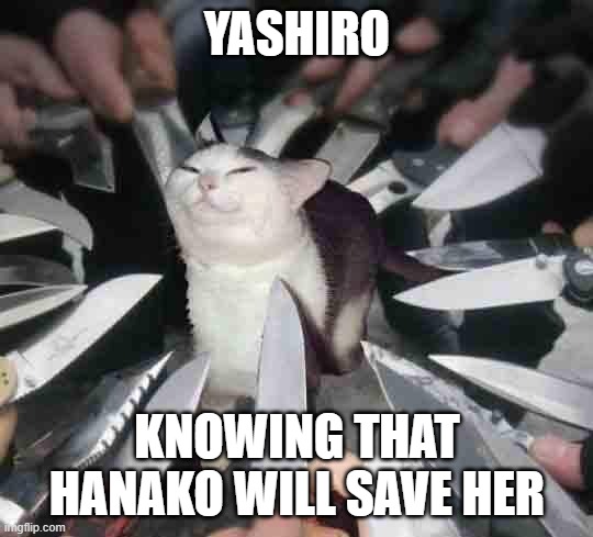 "HANAKO KUN!!!" | YASHIRO; KNOWING THAT HANAKO WILL SAVE HER | image tagged in knife cat | made w/ Imgflip meme maker