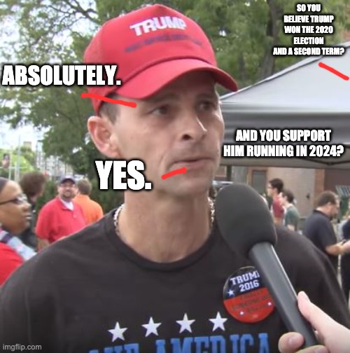 Make up your mind Trumpers, we have a two-term limit in this country | ABSOLUTELY. SO YOU BELIEVE TRUMP WON THE 2020 ELECTION AND A SECOND TERM? AND YOU SUPPORT HIM RUNNING IN 2024? YES. | image tagged in trump supporter | made w/ Imgflip meme maker