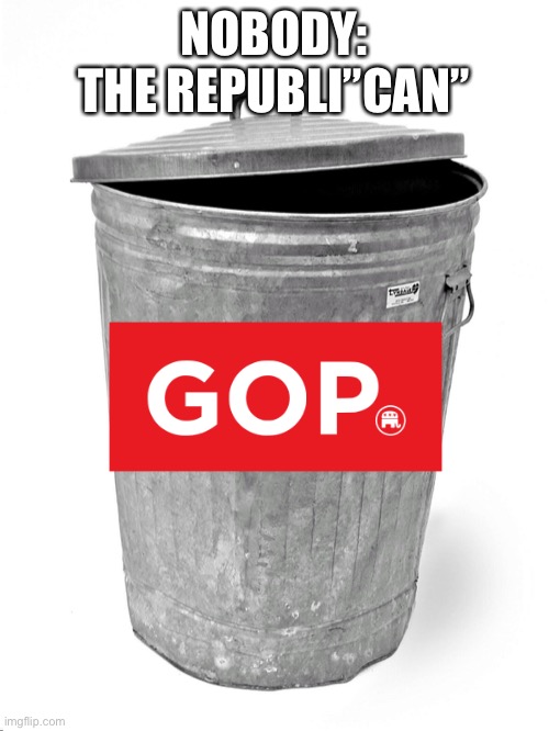 I’m not wrong am I? | NOBODY:
THE REPUBLI”CAN” | image tagged in trash can,scumbag republicans | made w/ Imgflip meme maker