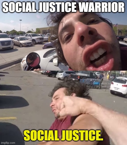 Suitable Response to Walmart Parking Lot Social Justice Warriors | SOCIAL JUSTICE WARRIOR; SOCIAL JUSTICE. | image tagged in social justice warriors,sjw,irritating cretins,democrats,liberals,walmart parking lot | made w/ Imgflip meme maker