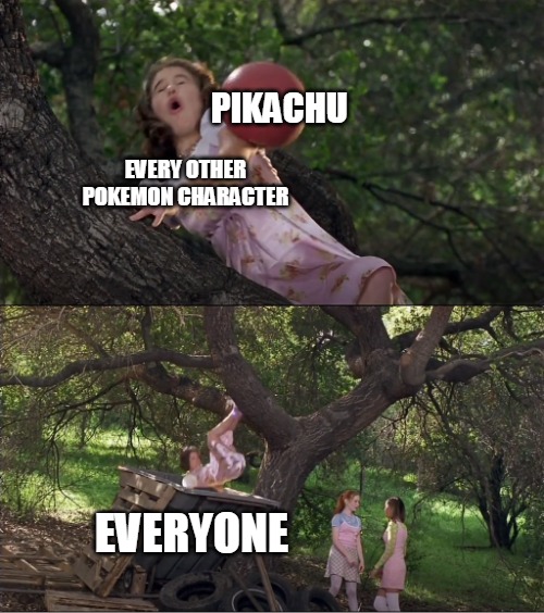 Cokie Knocked Out of the Tree by a Ball and Into the Dumpster | PIKACHU; EVERY OTHER POKEMON CHARACTER; EVERYONE | image tagged in cokie knocked out of the tree by a ball and into the dumpster,memes,pokemon,pikachu | made w/ Imgflip meme maker