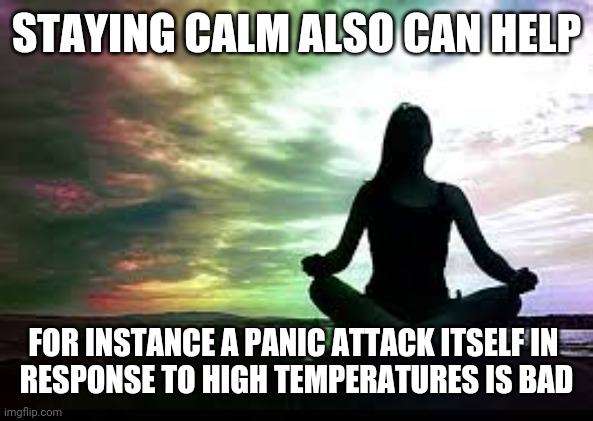yoga | STAYING CALM ALSO CAN HELP FOR INSTANCE A PANIC ATTACK ITSELF IN 
RESPONSE TO HIGH TEMPERATURES IS BAD | image tagged in yoga | made w/ Imgflip meme maker