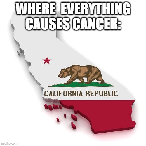 California | WHERE  EVERYTHING CAUSES CANCER: | image tagged in california | made w/ Imgflip meme maker