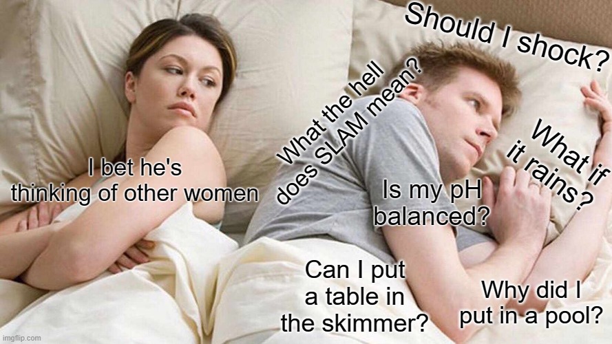 Pool Owners Anxiety | Should I shock? What the hell does SLAM mean? What if it rains? I bet he's thinking of other women; Is my pH balanced? Can I put a table in the skimmer? Why did I put in a pool? | image tagged in memes,i bet he's thinking about other women | made w/ Imgflip meme maker