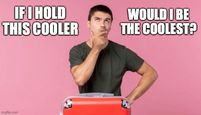 The Coolest | WOULD I BE THE COOLEST? IF I HOLD THIS COOLER | image tagged in cooler,coolest | made w/ Imgflip meme maker