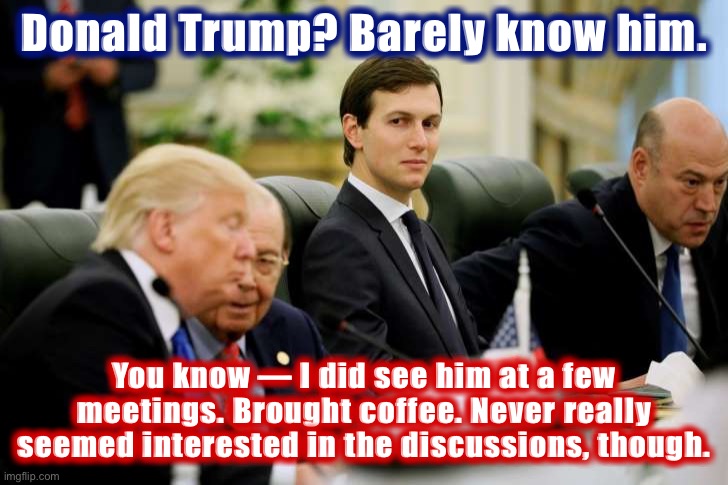Cold one, Jared. Ice cold. | Donald Trump? Barely know him. You know — I did see him at a few meetings. Brought coffee. Never really seemed interested in the discussions, though. | image tagged in jared kushner | made w/ Imgflip meme maker