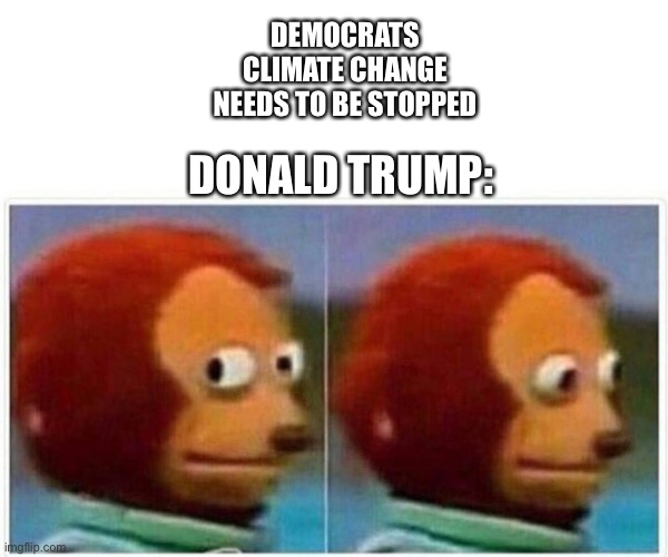 Climate change is real | DEMOCRATS CLIMATE CHANGE NEEDS TO BE STOPPED; DONALD TRUMP: | image tagged in memes,monkey puppet | made w/ Imgflip meme maker