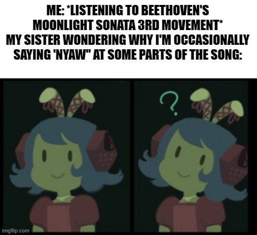 N Y A W | ME: *LISTENING TO BEETHOVEN'S MOONLIGHT SONATA 3RD MOVEMENT*
MY SISTER WONDERING WHY I'M OCCASIONALLY SAYING 'NYAW" AT SOME PARTS OF THE SONG: | image tagged in confused nautilus | made w/ Imgflip meme maker