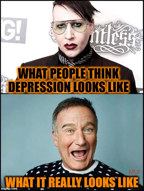 WHAT PEOPLE THINK DEPRESSION LOOKS LIKE; WHAT IT REALLY LOOKS LIKE | image tagged in manic,depression,marilyn manson,robin williams,suicide | made w/ Imgflip meme maker