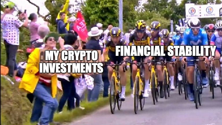 tour de crypto | MY CRYPTO INVESTMENTS; FINANCIAL STABILITY | image tagged in tour de france sign lady,allez,crypto | made w/ Imgflip meme maker