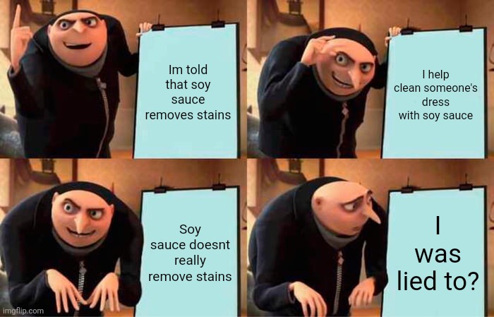 Only "Thoroughly Modern Millie" Fans Will Get This |  Im told that soy sauce removes stains; I help clean someone's dress with soy sauce; Soy sauce doesnt really remove stains; I was lied to? | image tagged in memes,gru's plan | made w/ Imgflip meme maker