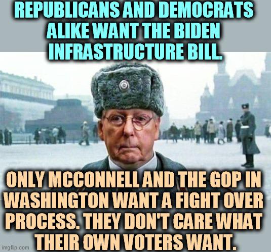 Democrats = substance. Republicans = process. | REPUBLICANS AND DEMOCRATS 
ALIKE WANT THE BIDEN 
INFRASTRUCTURE BILL. ONLY MCCONNELL AND THE GOP IN 
WASHINGTON WANT A FIGHT OVER 
PROCESS. THEY DON'T CARE WHAT 
THEIR OWN VOTERS WANT. | image tagged in moscow mitch,democrats,reality,republicans,waste of time | made w/ Imgflip meme maker