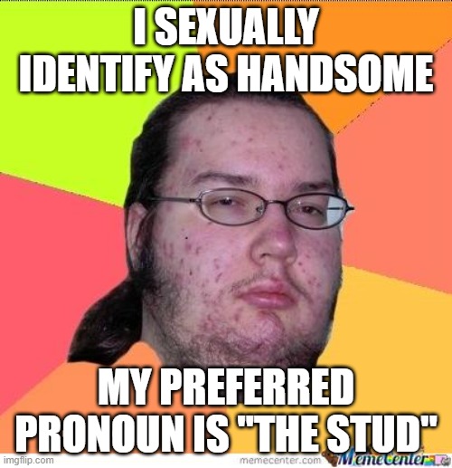 Nerd | I SEXUALLY IDENTIFY AS HANDSOME; MY PREFERRED PRONOUN IS "THE STUD" | image tagged in nerd,pronoun | made w/ Imgflip meme maker