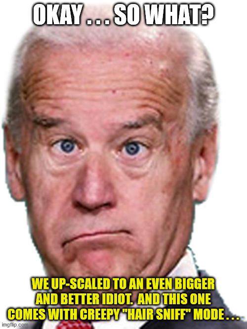 JoKe Biden - Confused President Pudd'in Head | OKAY . . . SO WHAT? WE UP-SCALED TO AN EVEN BIGGER AND BETTER IDIOT.  AND THIS ONE COMES WITH CREEPY "HAIR SNIFF" MODE . . . | image tagged in joke biden - confused president pudd'in head | made w/ Imgflip meme maker