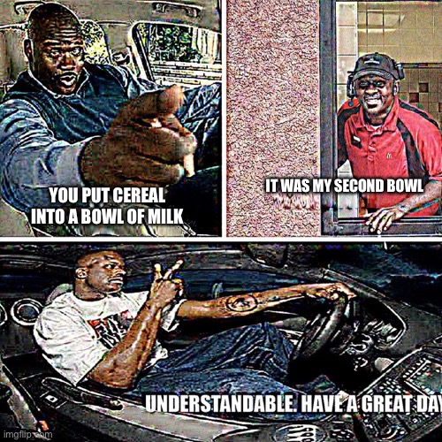 Understandable, have a great day | YOU PUT CEREAL INTO A BOWL OF MILK IT WAS MY SECOND BOWL | image tagged in understandable have a great day | made w/ Imgflip meme maker