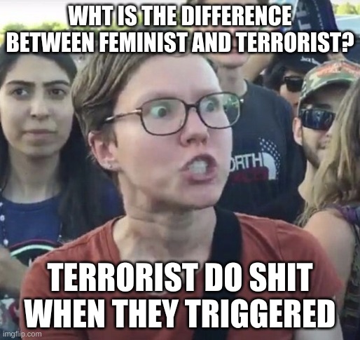 Triggered feminist | WHT IS THE DIFFERENCE BETWEEN FEMINIST AND TERRORIST? TERRORIST DO SHIT WHEN THEY TRIGGERED | image tagged in triggered feminist | made w/ Imgflip meme maker
