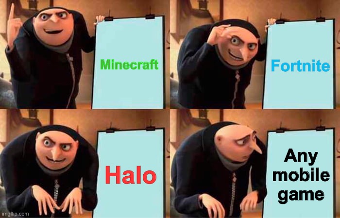 Gru's Plan | Minecraft; Fortnite; Halo; Any mobile game | image tagged in memes,gru's plan | made w/ Imgflip meme maker