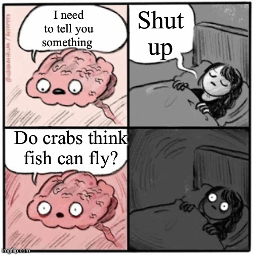 Brain Before Sleep | Shut up; I need to tell you something; Do crabs think fish can fly? | image tagged in brain before sleep | made w/ Imgflip meme maker