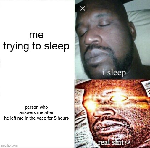 Sleeping Shaq | me trying to sleep; person who answers me after he left me in the vaco for 5 hours | image tagged in memes,sleeping shaq | made w/ Imgflip meme maker