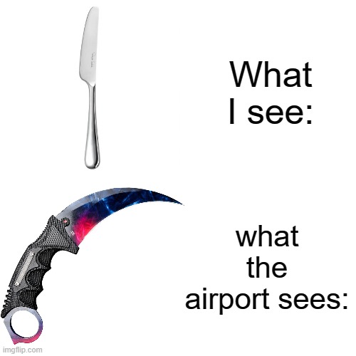 Highly dangerous butter knife | What I see:; what the airport sees: | image tagged in knife,funny,airport,airplane,danger | made w/ Imgflip meme maker
