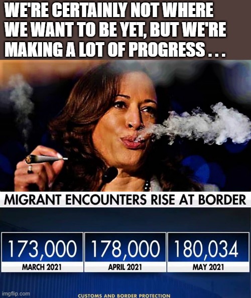 kamala on crack | WE'RE CERTAINLY NOT WHERE
WE WANT TO BE YET, BUT WE'RE
MAKING A LOT OF PROGRESS . . . | image tagged in political humor,kamala harris,illegal immigration,progress,crack head,pot smoking kamala | made w/ Imgflip meme maker