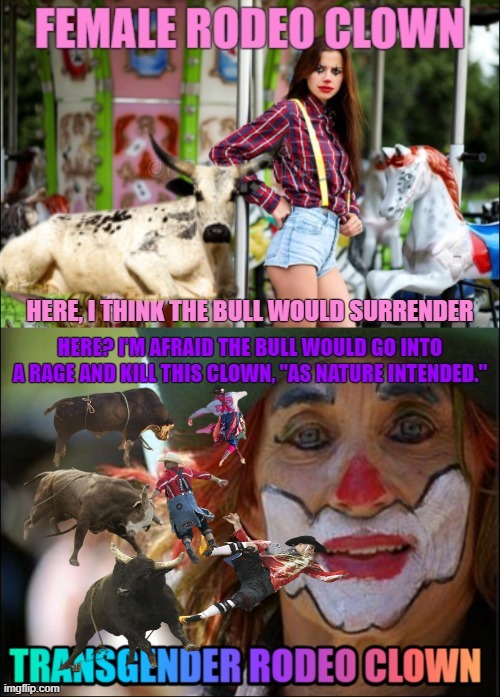Transgender Rodeo Clowns, Now There's A Band I Would Go See. | image tagged in transgender rodeo clowns,rodeo clowns,transgender memes | made w/ Imgflip meme maker