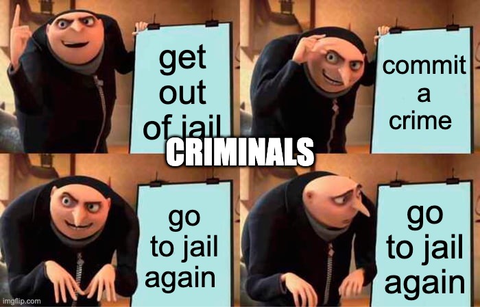 Gru's Plan Meme | get out of jail; commit a crime; CRIMINALS; go to jail again; go to jail again | image tagged in memes,gru's plan | made w/ Imgflip meme maker