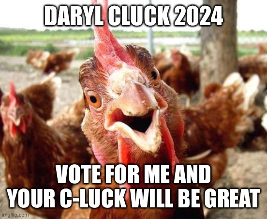 A chicken for president is better than both trump, Hillary, and Biden | DARYL CLUCK 2024; VOTE FOR ME AND YOUR C-LUCK WILL BE GREAT | image tagged in chicken,memes,politics | made w/ Imgflip meme maker
