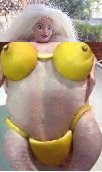 Raw chicken with doll head and lemon bikini Blank Meme Template