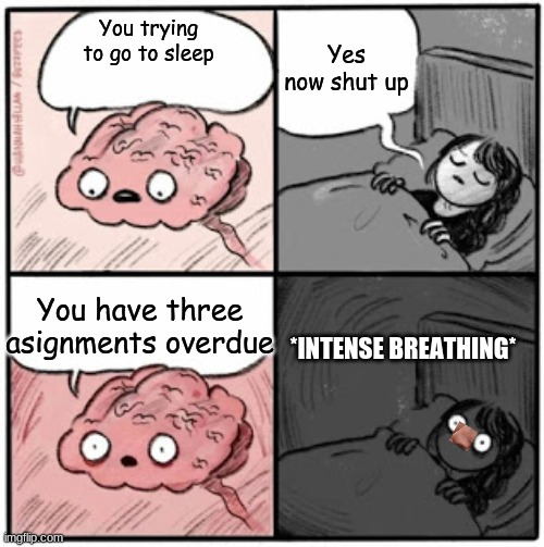Brain Before Sleep | Yes now shut up; You trying to go to sleep; You have three asignments overdue; *INTENSE BREATHING* | image tagged in brain before sleep | made w/ Imgflip meme maker