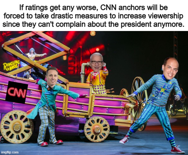 No more Orange to whine about all day. | If ratings get any worse, CNN anchors will be forced to take drastic measures to increase viewership since they can't complain about the president anymore. | image tagged in politics,i love clowns,chris cuomo,brian stelter,anderson cooper,cnn | made w/ Imgflip meme maker