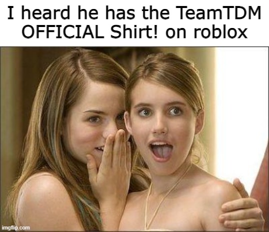 Girls gossiping | I heard he has the TeamTDM OFFICIAL Shirt! on roblox | image tagged in girls gossiping | made w/ Imgflip meme maker