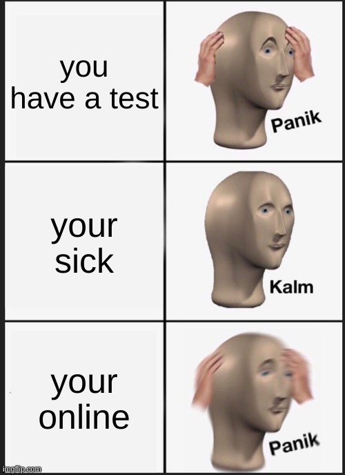hehehehehhehe | you have a test; your sick; your online | image tagged in memes,panik kalm panik | made w/ Imgflip meme maker