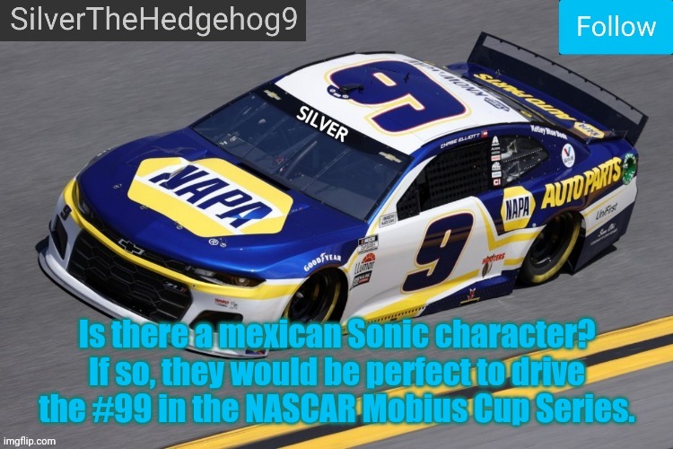 Is there a mexican Sonic character? If so, they would be perfect to drive the #99 in the NASCAR Mobius Cup Series. | made w/ Imgflip meme maker