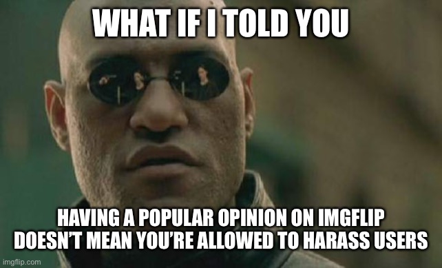 Send this to a person who is harassing you | WHAT IF I TOLD YOU; HAVING A POPULAR OPINION ON IMGFLIP DOESN’T MEAN YOU’RE ALLOWED TO HARASS USERS | image tagged in memes,matrix morpheus | made w/ Imgflip meme maker