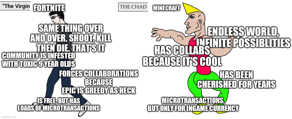 Idc whatever the heck you wanna call me, I will stick to my opinion as long until Fortnite dies | FORTNITE; MINECRAFT; ENDLESS WORLD, INFINITE POSSIBLITIES; SAME THING OVER AND OVER. SHOOT, KILL THEN DIE. THAT'S IT; HAS COLLABS BECAUSE IT'S COOL; COMMUNITY IS INFESTED WITH TOXIC 9 YEAR OLDS; HAS BEEN CHERISHED FOR YEARS; FORCES COLLABORATIONS BECAUSE EPIC IS GREEDY AS HECK; IS FREE, BUT HAS LOADS OF MICROTRANSACTIONS; MICROTRANSACTIONS, BUT ONLY FOR INGAME CURRENCY | image tagged in virgin and chad,fortnite sucks,minecraft memes | made w/ Imgflip meme maker