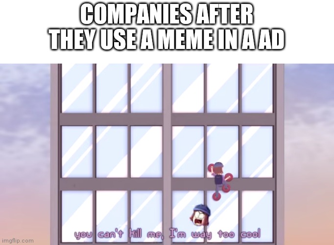 Companies need to stop this | COMPANIES AFTER THEY USE A MEME IN A AD | image tagged in memes,funny memes,company | made w/ Imgflip meme maker