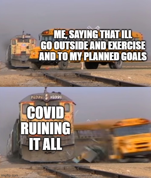 If only we known sooner |  ME, SAYING THAT ILL GO OUTSIDE AND EXERCISE AND TO MY PLANNED GOALS; COVID RUINING IT ALL | image tagged in a train hitting a school bus | made w/ Imgflip meme maker