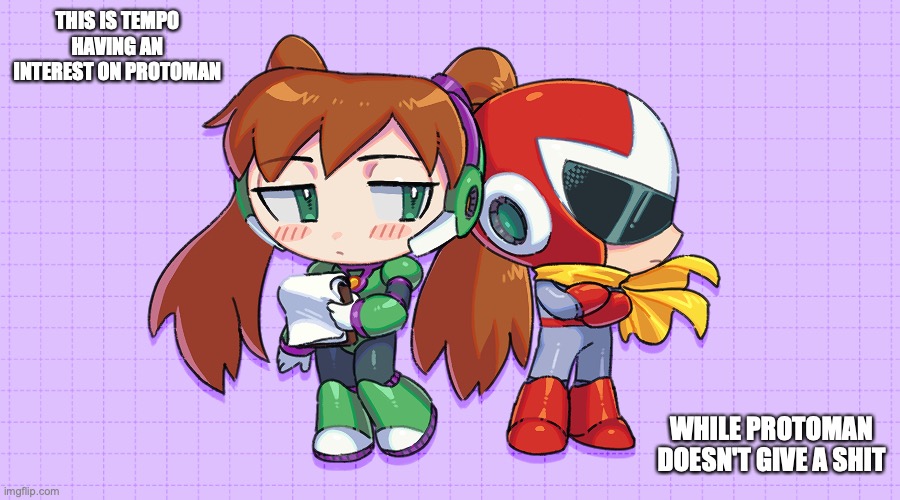 Protoman and Tempo | THIS IS TEMPO HAVING AN INTEREST ON PROTOMAN; WHILE PROTOMAN DOESN'T GIVE A SHIT | image tagged in megaman,protoman,memes | made w/ Imgflip meme maker