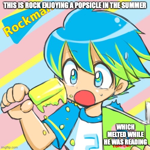 Rock With Popsicle | THIS IS ROCK ENJOYING A POPSICLE IN THE SUMMER; WHICH MELTED WHILE HE WAS READING | image tagged in megaman,memes | made w/ Imgflip meme maker