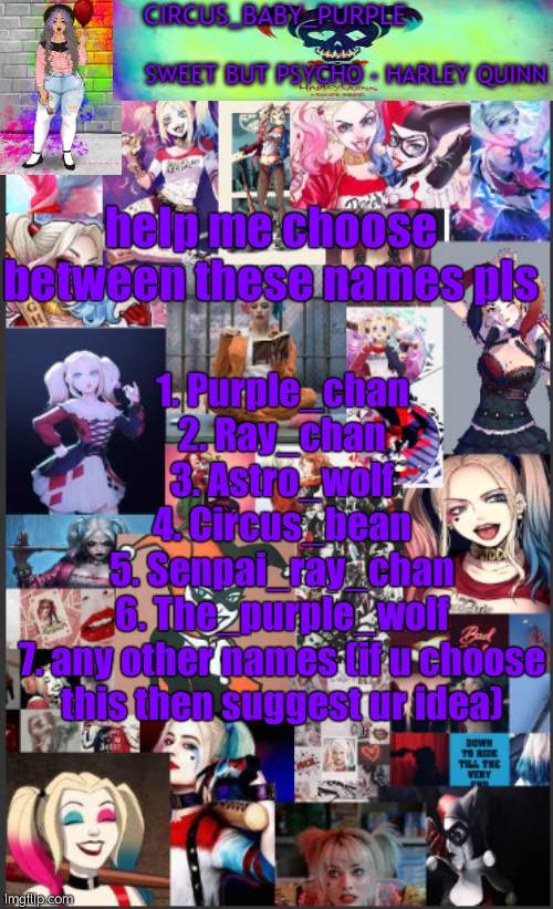 Harley Quinn temp bc why not | 1. Purple_chan
2. Ray_chan
3. Astro_wolf
4. Circus_bean
5. Senpai_ray_chan
6. The_purple_wolf
7. any other names (if u choose this then suggest ur idea); help me choose between these names pls | image tagged in harley quinn temp bc why not | made w/ Imgflip meme maker