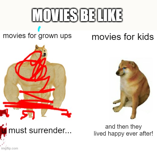 movies dang | MOVIES BE LIKE; movies for grown ups; movies for kids; u must surrender... and then they lived happy ever after! | image tagged in memes,buff doge vs cheems | made w/ Imgflip meme maker