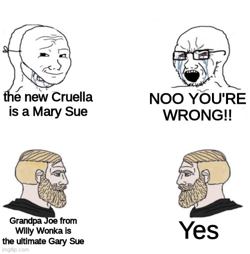 He was on the verge of dying, and was able to stand because his grand kid got a Golden piece of paper | the new Cruella is a Mary Sue; NOO YOU'RE WRONG!! Yes; Grandpa Joe from Willy Wonka is the ultimate Gary Sue | image tagged in chad we know,mary sue,willy wonka | made w/ Imgflip meme maker