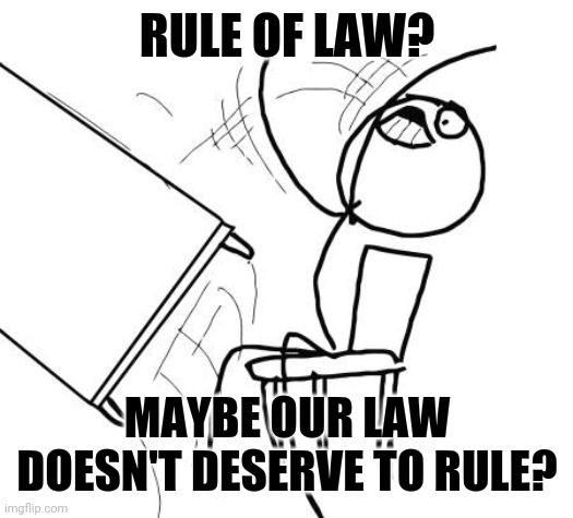 Table Flip Guy Meme | RULE OF LAW? MAYBE OUR LAW DOESN'T DESERVE TO RULE? | image tagged in memes,table flip guy | made w/ Imgflip meme maker