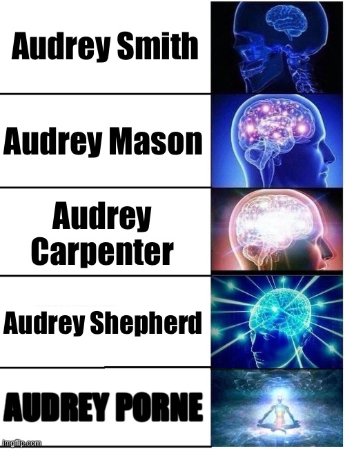 Well then | Audrey Smith Audrey Mason Audrey Carpenter Audrey Shepherd AUDREY PORNE | image tagged in expanding brain 5 panel | made w/ Imgflip meme maker