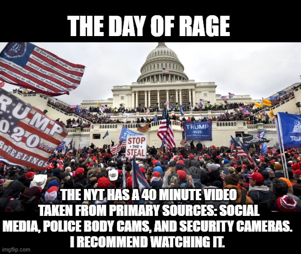 THE DAY OF RAGE; THE NYT HAS A 40 MINUTE VIDEO TAKEN FROM PRIMARY SOURCES: SOCIAL MEDIA, POLICE BODY CAMS, AND SECURITY CAMERAS. 
I RECOMMEND WATCHING IT. | made w/ Imgflip meme maker