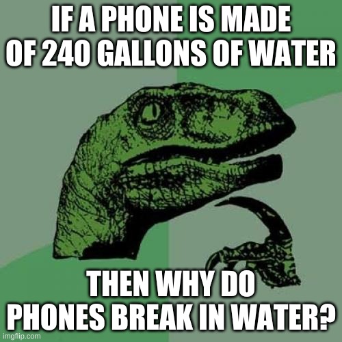 Ok i know this is a dead template but dont judge me ok ive never gotten a meme to the front page before so i figured no one woul | IF A PHONE IS MADE OF 240 GALLONS OF WATER; THEN WHY DO PHONES BREAK IN WATER? | image tagged in memes,philosoraptor | made w/ Imgflip meme maker